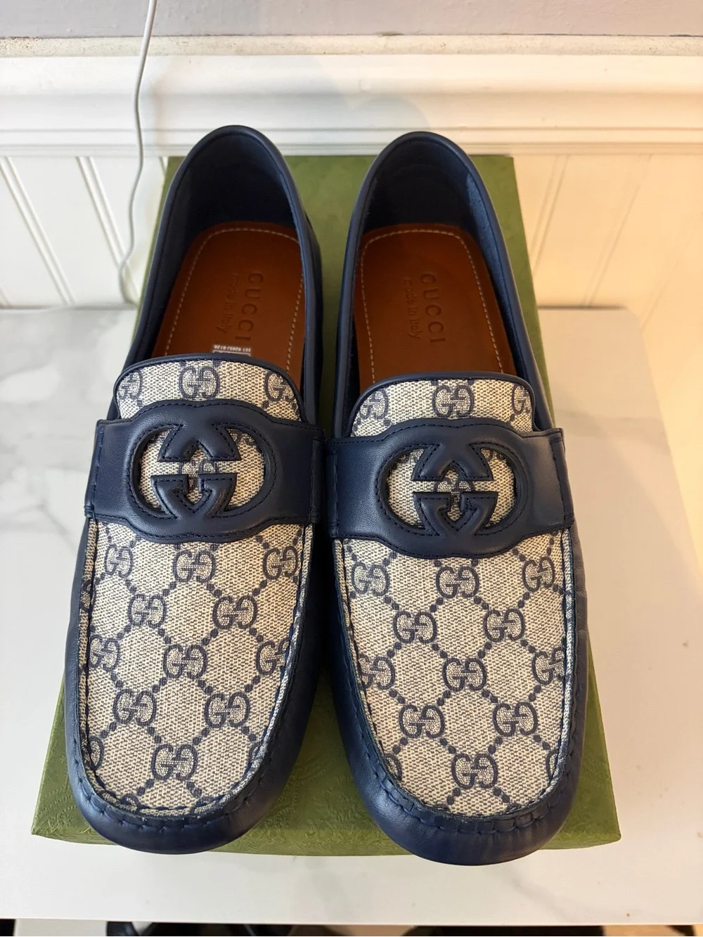 Gucci Navy Blue GG Canvas Leather Drivers